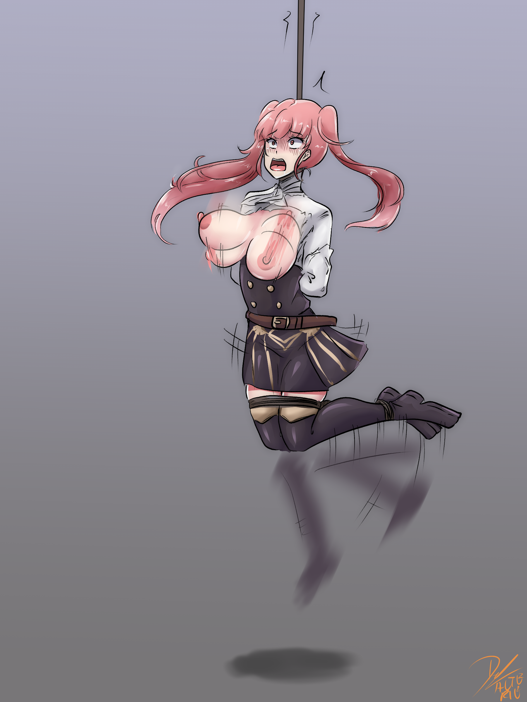 1girls, air dancing, alte-rie, arms behind back, asphyxiation, bangs, bare thighs, big breasts, bondage, boots, bouncing breasts, bound, bound legs, bound wrists, breasts, breasts out, death, execution, exposed breasts, female, female only, femsub, fire emblem, fire emblem: three houses, garreg mach monastery uniform, gore, hanged, hilda valentine goneril, humiliation, large breasts, long hair, motion blur, motion lines, nintendo, nipples, noose, open mouth, pink eyes, pink hair, punishment, restrained, scared, shocked, skirt, solo, thigh boots, thighs, torn clothes, twintails, unaligned breasts, variant set