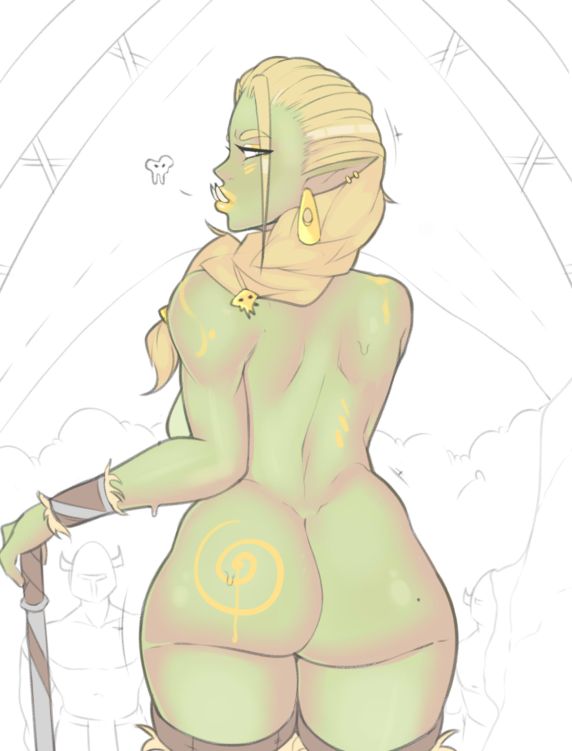 2d, ass, axe, blonde hair, bracelet, braid, breasts, bubble ass, bubble butt, busty, digitalhtoy, earrings, fantasy, female, female focus, female only, green skin, green-skinned female, hourglass figure, long hair, looking back, nude, nude female, nudity, orc, orc female, pointy ears, rear view, standing, tagme, tribal, tribal markings, wide hips