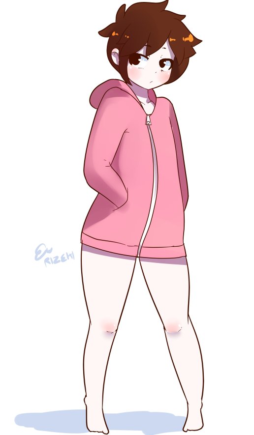 anime_dork_boyfriend_meme blush brown_eyes brown_hair femboy knee_blush pearltearizzy pink_hoodie white_skin zipper