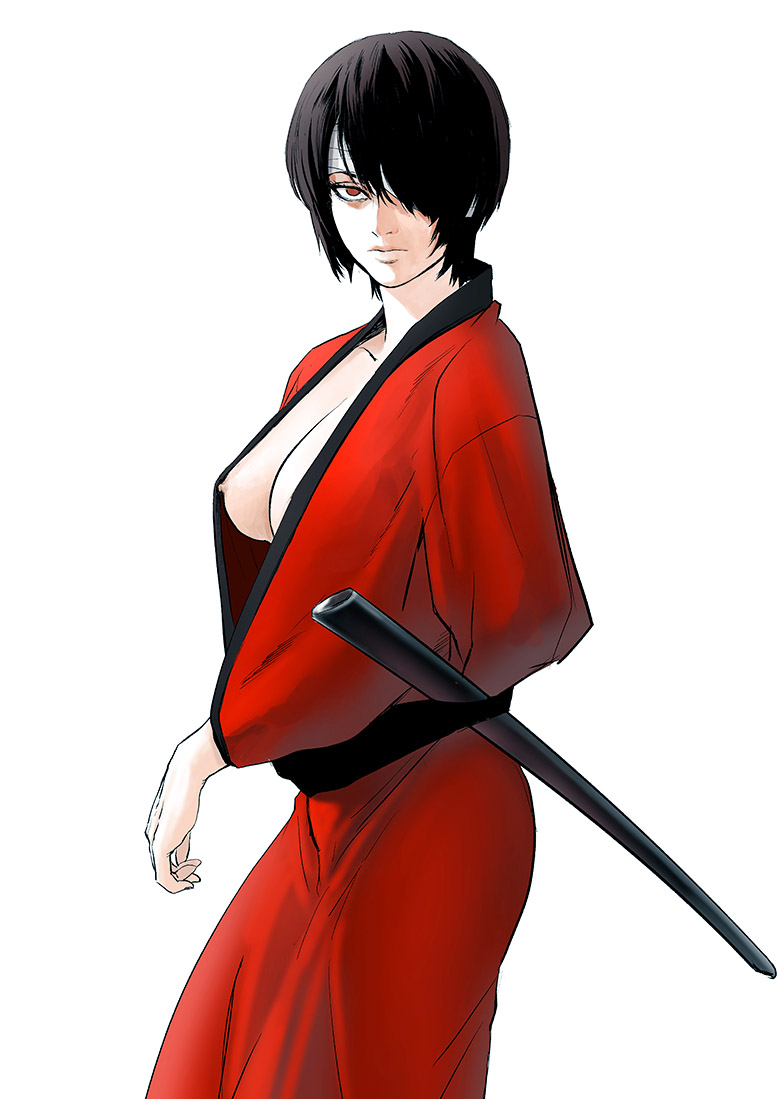 19csupervillain bandages black_hair cleavage eye_patch female female_only genderswap_(mtf) gintama hair_over_one_eye katana kimono medium_breasts nipple_slip no_bra red_eyes rule_63 samurai short_hair solo sword takasugi_shinsuke very_short_hair weapon