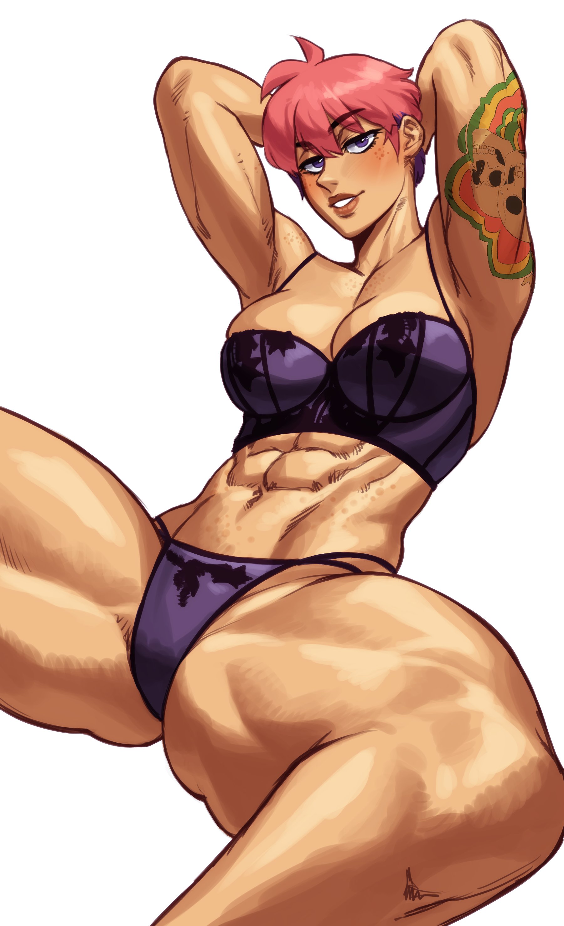 1girls, abs, arms behind head, bra, commission, female, female only, lingerie, looking at viewer, muscular, muscular female, muscular thighs, narrowed eyes, panties, pink hair, purple eyes, sitting, smiling, smiling at viewer, solo, sotcho, tattoo, tattoo on arm, very high resolution, white background
