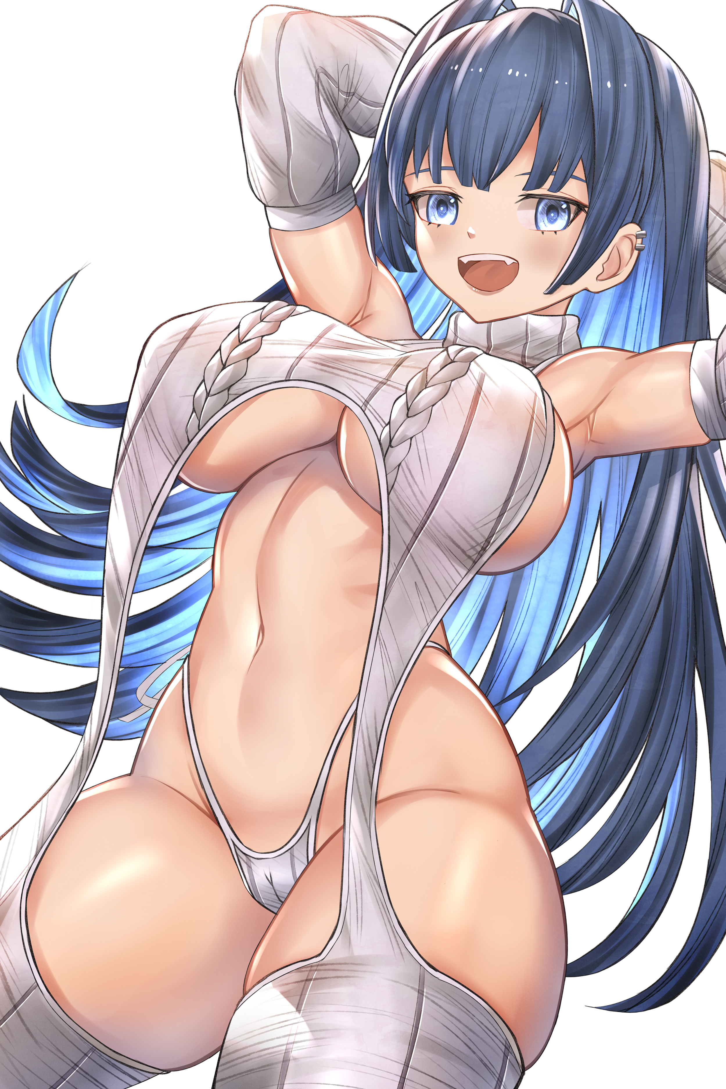 absurdres, arms up, blue eyes, blue hair, breasts, colored inner hair, fangs, female, hair intakes, highres, hololive, hololive english, hololive english -council-, hololive english -promise-, honkivampy, long hair, looking at viewer, meme attire, multicolored hair, navel, open mouth, ouro kronii, solo, two-tone hair, underboob, virgin destroyer sweater, virtual youtuber, white background