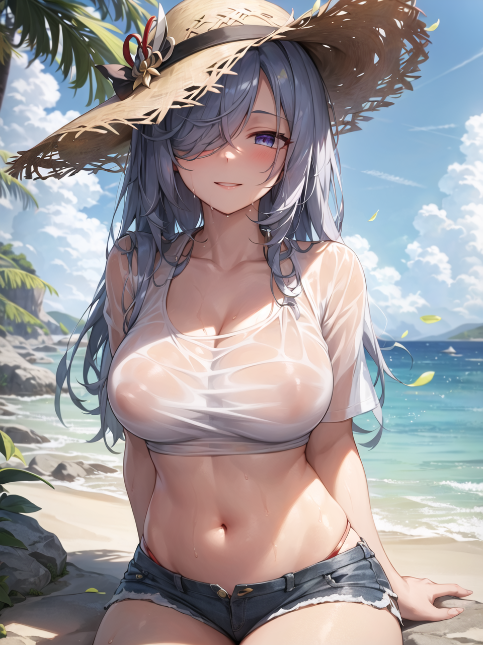 1girls, 2023, ai generated, anime nose, booty shorts, breasts, female, genshin impact, hair over one eye, hat, hips, huge breasts, jean shorts, large breasts, large hat, light skin, light-skinned female, long hair, mommy, outdoors, shenhe (genshin impact), short shorts, shorts, smile, stable diffusion, sun hat, thick thighs, thighs, thong straps, wet clothes, wet t-shirt, white hair, wide hips