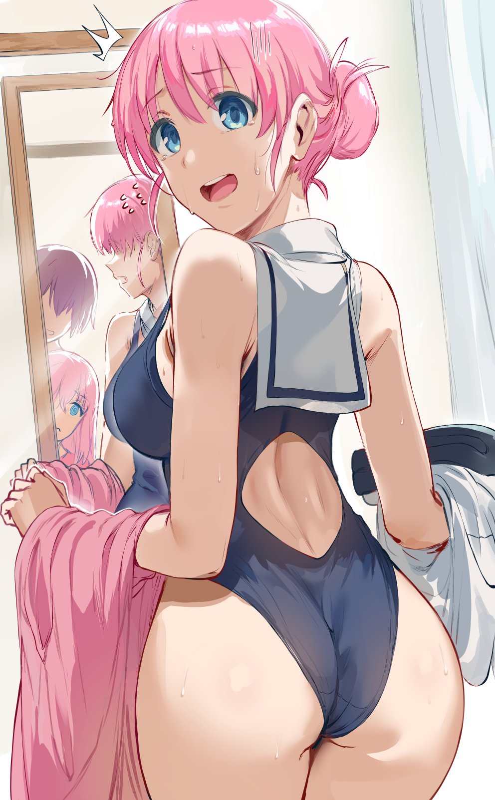 1boy 2girls ass blue_eyes bocchi_the_rock! breasts father_and_daughter gotou_hitori gotou_michiyo gotou_naoki hews_hack horny husband_and_wife mature_female milf mother_and_daughter pink_hair sweat swimsuit tagme walk-in