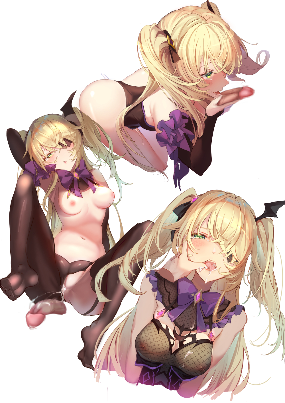 bare_shoulders bat_ornament black_ribbon blonde_hair blush bodystocking bodysuit bow bowtie breasts censored collar cum cum_in_mouth cum_in_pussy eyepatch fellatio female female_ejaculation finger_to_another's_mouth fischl_(genshin_impact) fishnet_bodysuit fishnets garter_straps genshin_impact gloves green_eyes hair_over_one_eye hair_ribbon highres leotard long_hair medium_breasts mosaic_censoring mpr nude open_mouth oral purple_bow purple_bowtie ribbon see-through simple_background single_leg_pantyhose single_thighhigh thighhighs thumb_to_mouth two_side_up