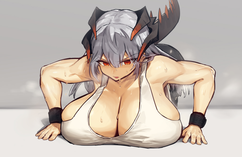 arknights big_breasts dragon_girl dragon_tail female horn large_breasts light-skinned_female melon22 muscle muscular muscular_female orange_eyes pale-skinned_female pale_skin push-up saria_(arknights) solo solo_focus sweat sweating tail tanktop vanilla white_hair workout