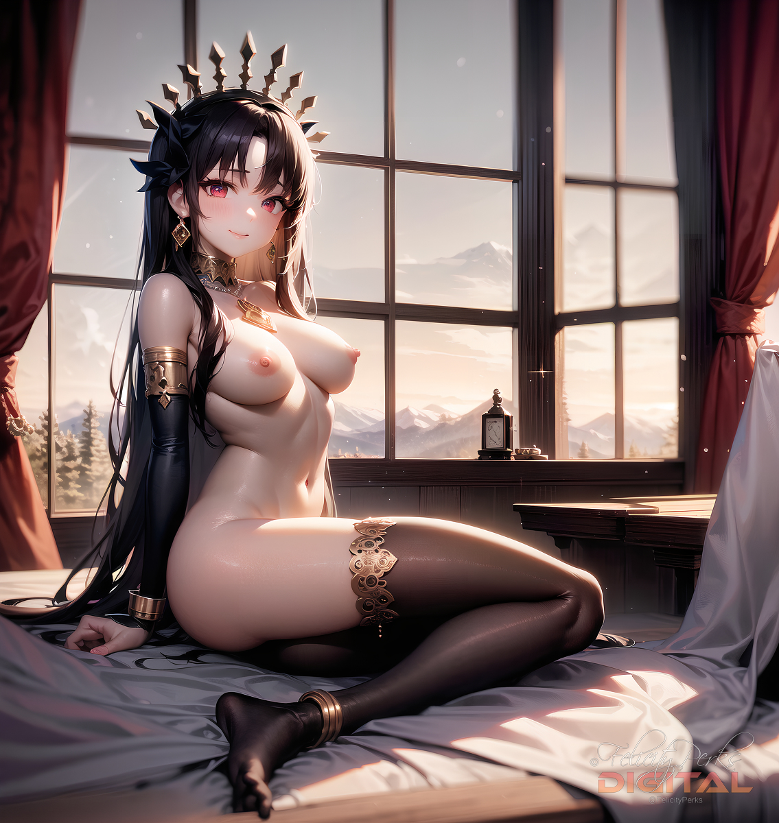 1girls, ai generated, black legwear, breasts, fate (series), fate/grand order, female, ishtar (fate), ishtar (fate/grand order), jewelry, legs, nai diffusion, nude, red eyes, sitting, stable diffusion, thighhighs, twintails