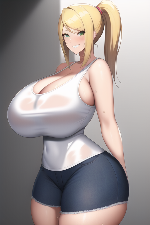 ai generated, ass, blonde hair, blue eyes, breasts, curvaceous, curvy, curvy figure, female, gigantic ass, gigantic breasts, huge ass, huge breasts, huge hips, looking at viewer, metroid, nai diffusion, naughty face, samus aran, seductive smile, shiny clothes, shiny hair, shiny skin, short shorts, stable diffusion, sweat, thick thighs, thunder thighs, voluptuous, wet clothes, white tank top, wide hips
