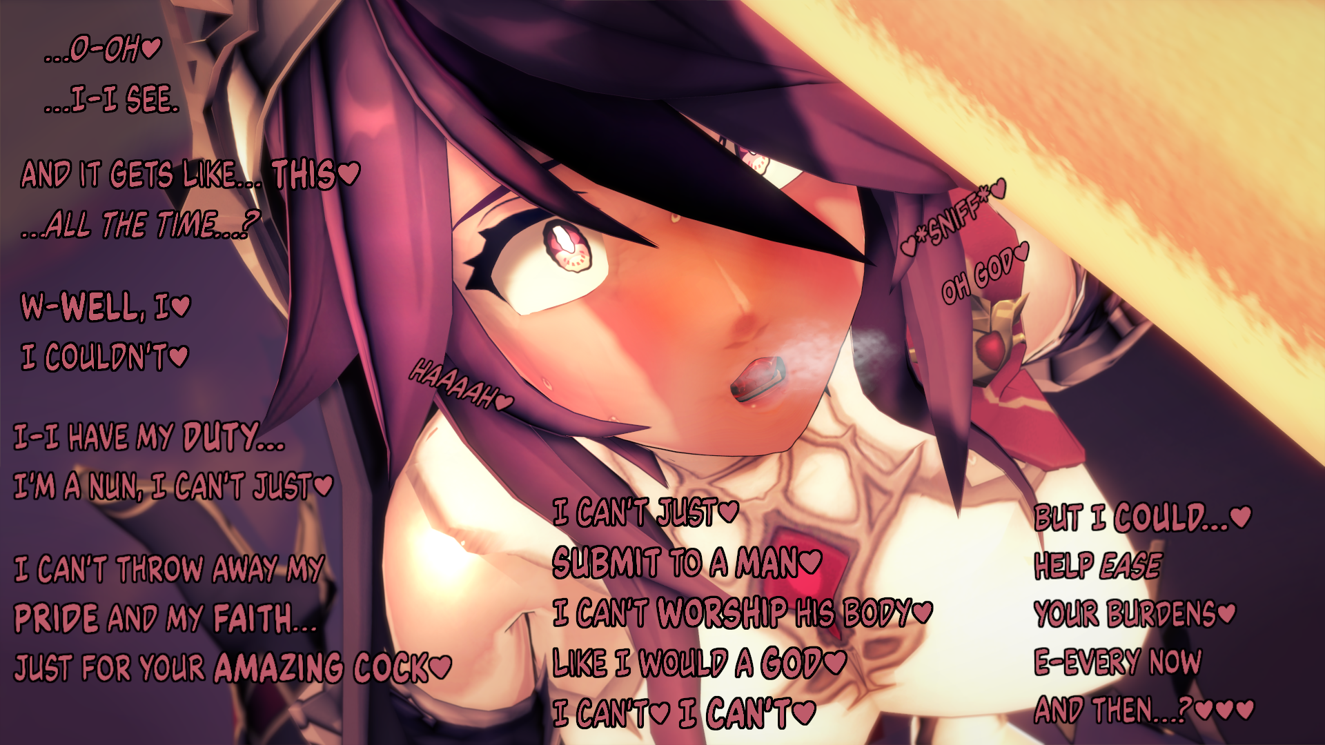 1girls, 3d, big breasts, breasts, busty, curvaceous, curvy, curvy body, curvy female, curvy figure, english text, female, genshin impact, huge breasts, large breasts, male, penis, penis awe, rosaria (genshin impact), text, v-kris, voluptuous