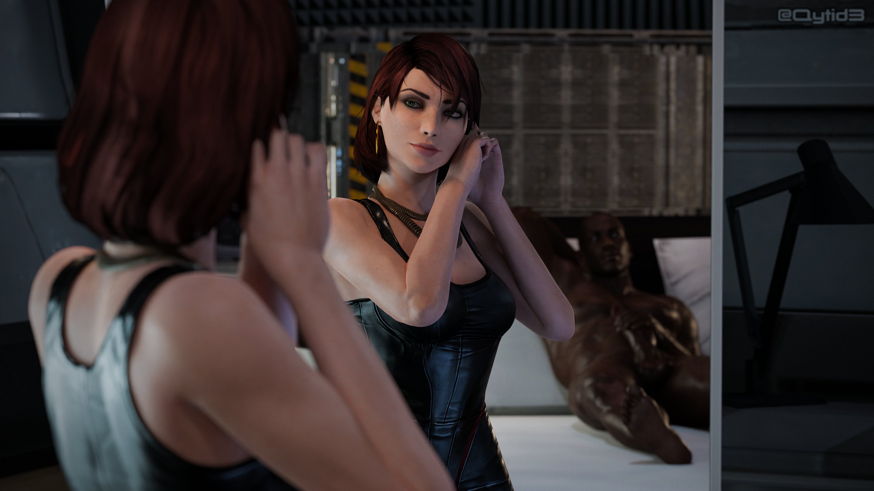 1boy, 1girls, 3d, after sex, commander shepard, dark skin, dark-skinned male, female, femshep, green eyes, imminent sex, interracial, male, mass effect, mirror, muscular, muscular male, qyti, red hair