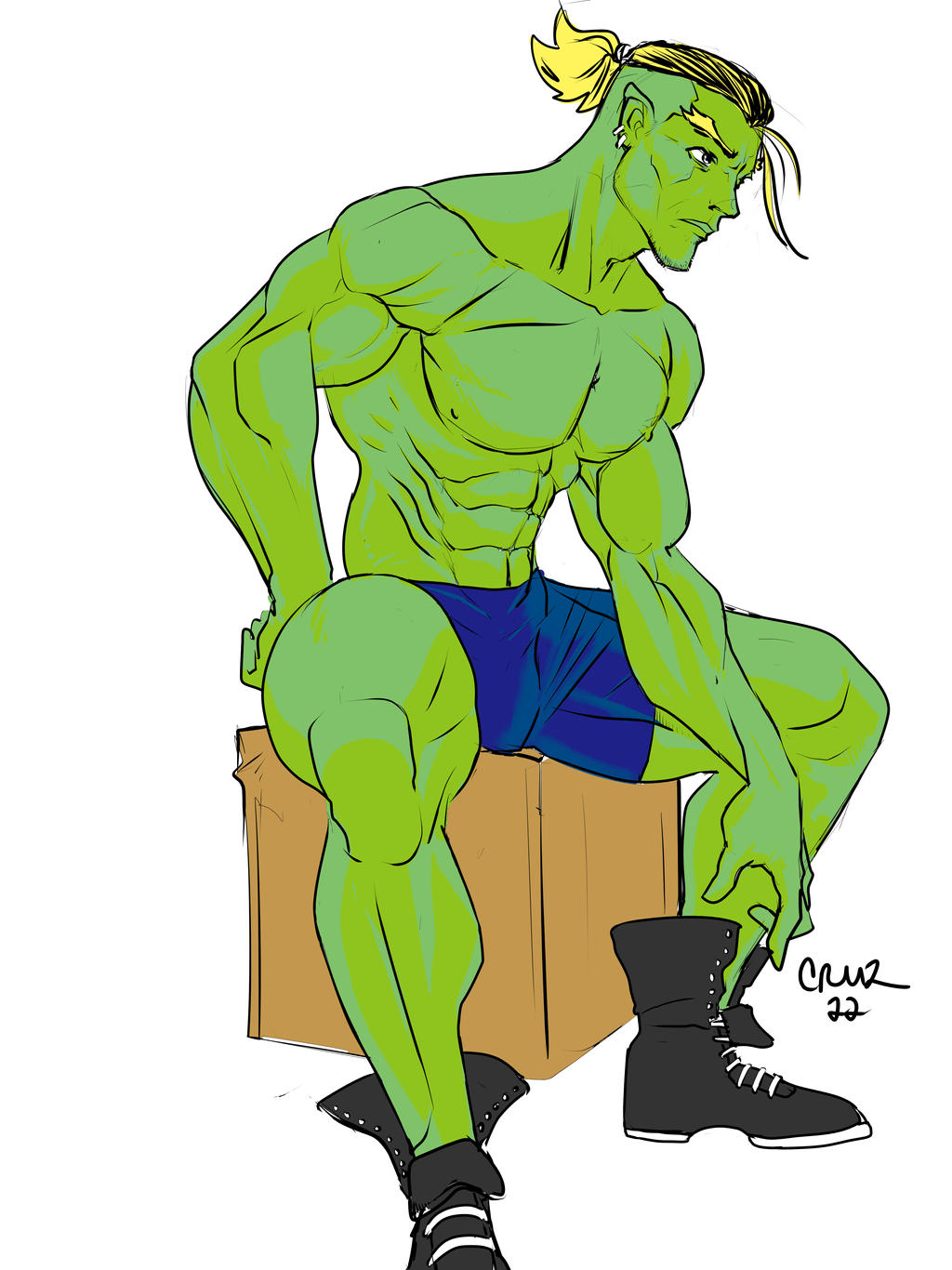 abs bara barazoku blonde_hair broad_shoulders bulge bulge_through_clothing drawfee_(copyright) drawtectives green_body green_skin gyorik_rogdul humanoid lean_muscle male male_focus male_only muscular muscular_male orc pecs solo solo_male vagrantmidget