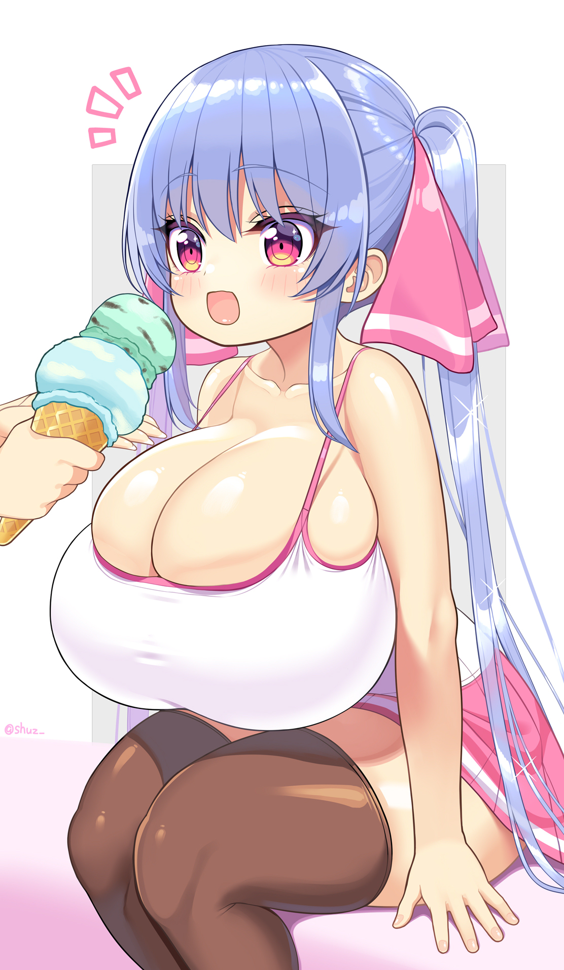ass, barely contained, big ass, big breasts, blue hair, blush, breasts, breasts bigger than head, clothed, disembodied hand, female, hair ribbon, hourglass figure, huge breasts, ice cream, long hair, offscreen character, original, overflowing breasts, pink eyes, riko (shuz), shortstack, shuz (dodidu), skindentation, skirt, slim waist, stretched clothing, tank top, thick thighs, thighhighs, tight clothing, twintails