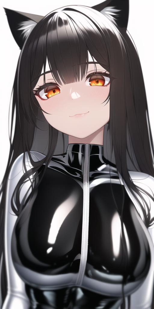 1girls, ai generated, black hair, bodysuit, breasts, cat ears, cat girl, catgirl, cute, female, front zipper, large breasts, latex, latex bodysuit, latex clothing, latex suit, light skin, long hair, looking at viewer, medium breasts, nai diffusion, nekomimi, orange eyes, shiny, shiny clothes, shiny hair, simple background, smile, smiling, smiling at viewer, stable diffusion, tight clothing, tight fit, wavy mouth, zipper