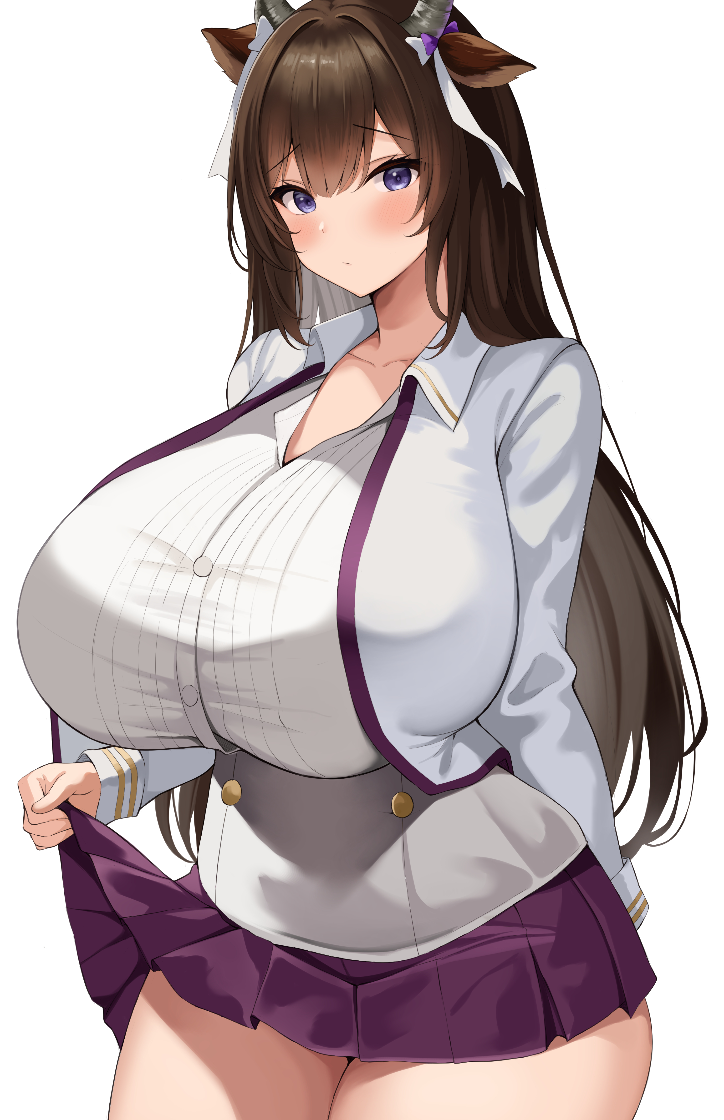 1girls, animal ears, azur lane, breasts, brown hair, clothed, cow ears, cow girl, female, gigantic breasts, hips, kashino (azur lane), kemonomimi, light skin, light-skinned female, long hair, neneneji, purple eyes, thick thighs, thighs, wide hips