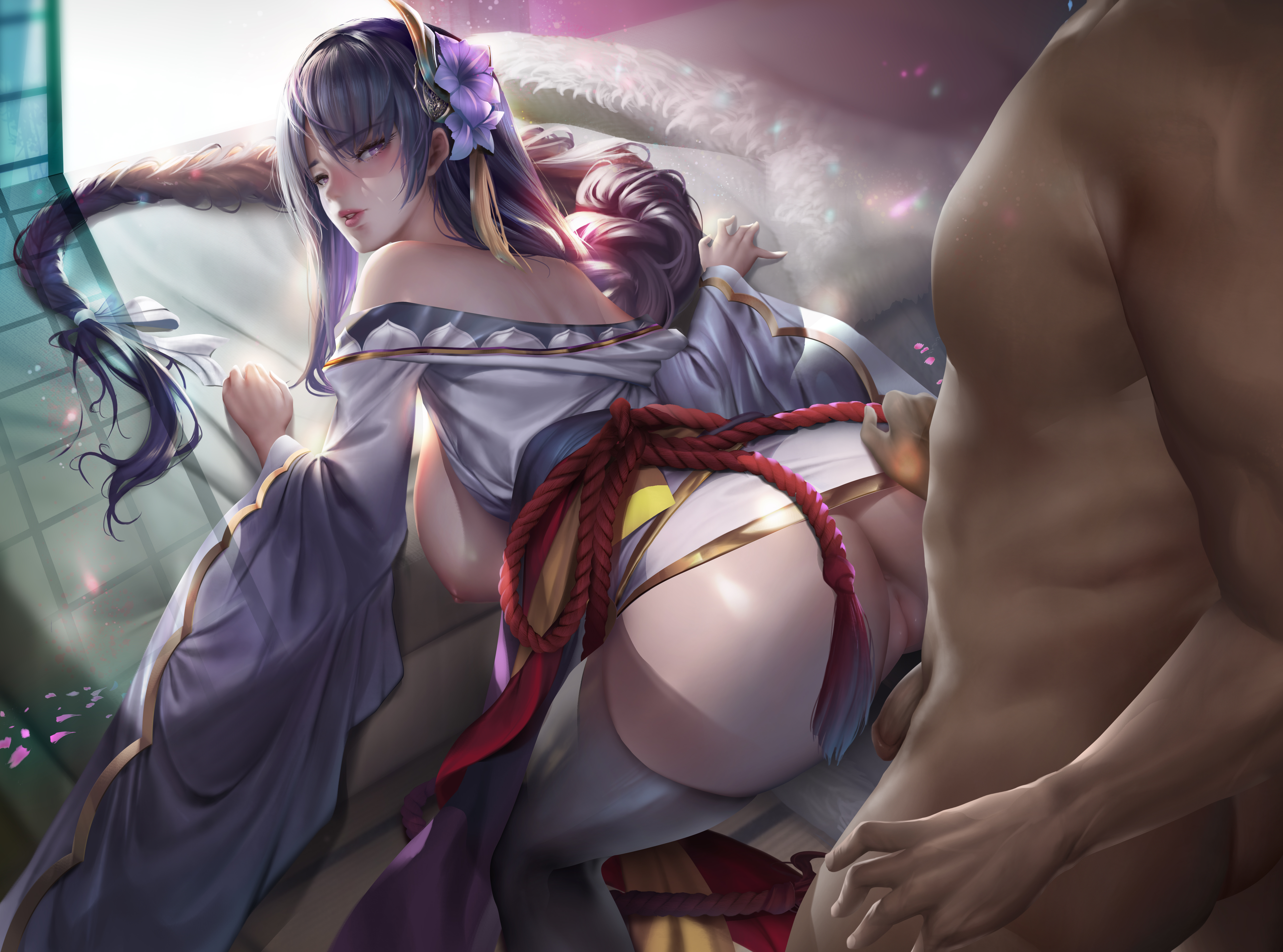 1boy, 1girls, absurd res, arenbi, clothed female nude male, dark skin, dark-skinned male, doggy style, female, genshin impact, interracial, kimono, light skin, light-skinned female, male, penetration, pussy, raiden shogun, sex, vaginal penetration, very high resolution