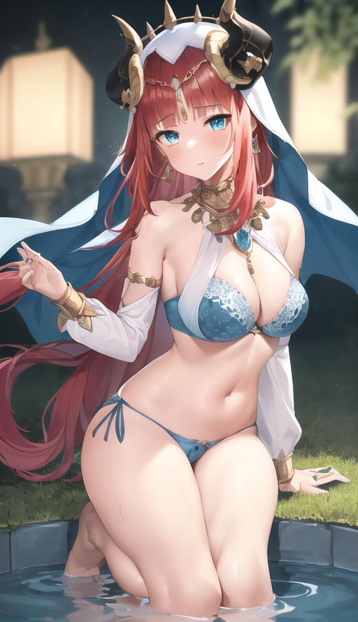 2023 ai_generated ai_hands anime_nose blue_gemstone blush bra crown earrings fountain genshin_impact grass horned_female horned_humanoid horns hoyoverse jewelry kneeling kneeling_position lanterns long_hair mihoyo nilou_(genshin_impact) panties stable_diffusion sumeru underwear water wet