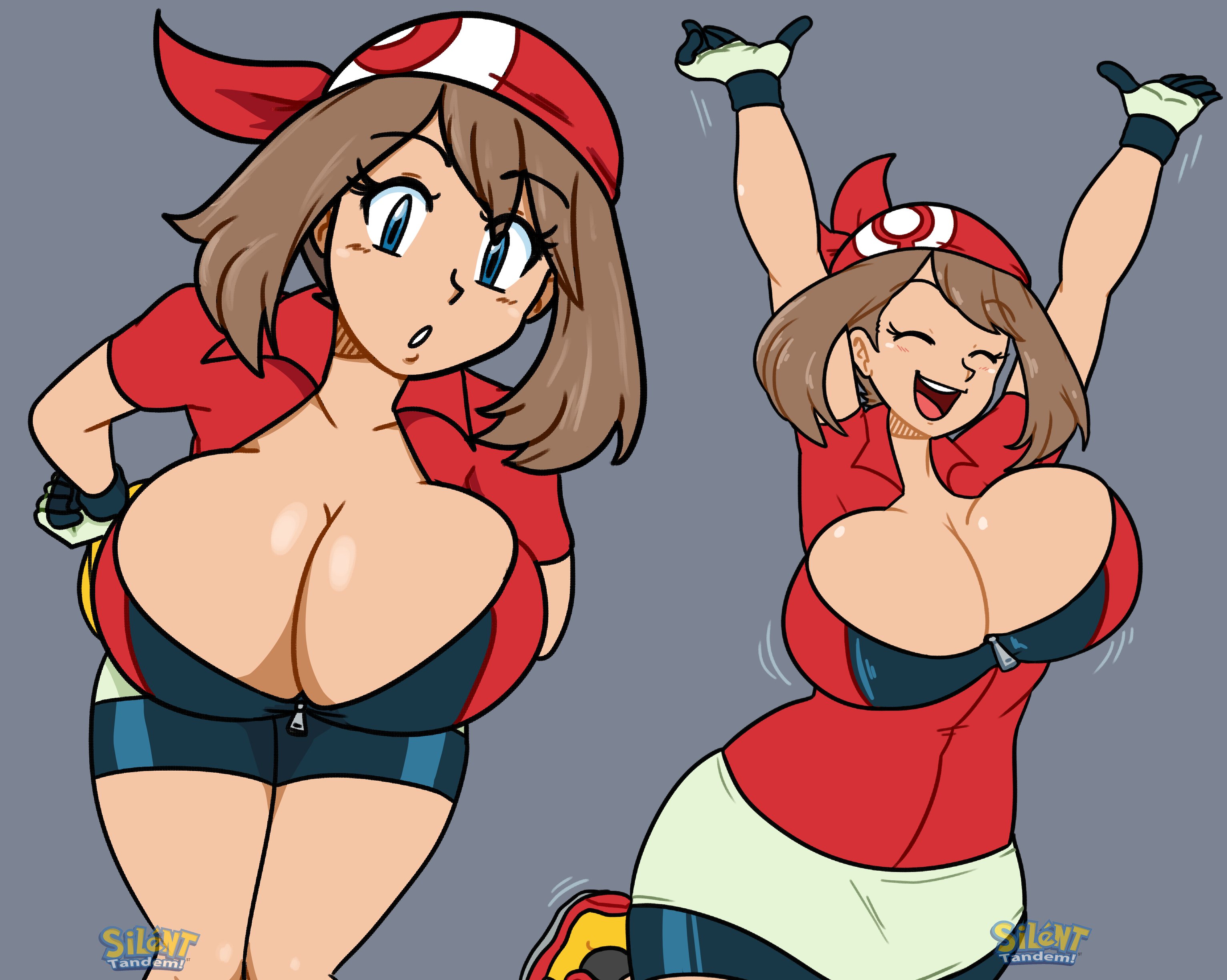 1girls, alternate breast size, armpits, banana, big breasts, bike shorts, blue eyes, bouncing breasts, breasts, brown hair, cleavage, clothed, clothes, clothing, eye contact, female, female only, fully clothed, hips, huge breasts, human, large breasts, looking at viewer, may (pokemon), nintendo, pokemon, pokemon rse, red bandana, shorts, silenttandem, solo, solo female, thick, thick thighs, thighs, wide hips