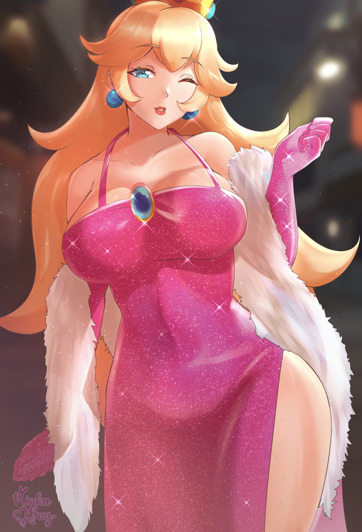1girls, blonde hair, blue eyes, breasts, brooch, crown, dress, earrings, elbow gloves, evening dress, evening gown, feather boa, female, gloves, large breasts, long hair, looking at viewer, mario (series), milf, nintendo, pink dress, pink gloves, princess peach, princess peach (all-stars commercial), rinku bny, shawl, side slit, super mario all-stars, winking, winking at viewer