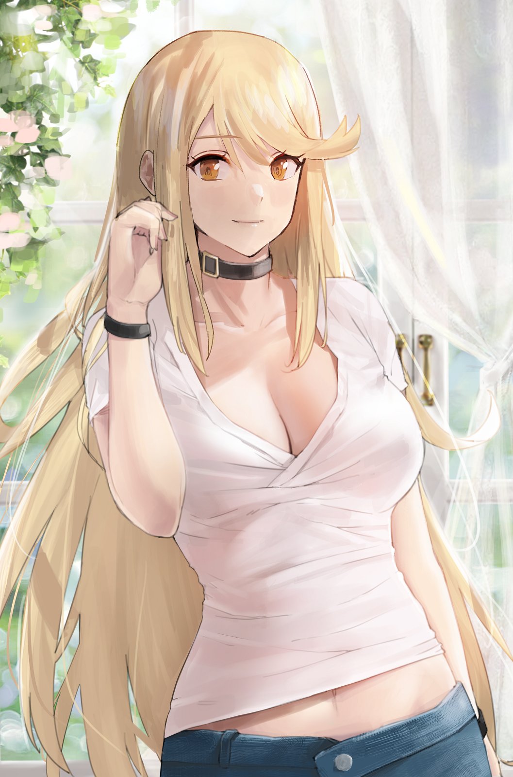 1girls belt_choker blonde_hair bracelets breasts choker cleavage denim j@ck jeans large_breasts long_hair looking_at_viewer mythra_(xenoblade) navel nintendo plants shirt white_shirt window xenoblade_(series) xenoblade_chronicles_2 yellow_eyes