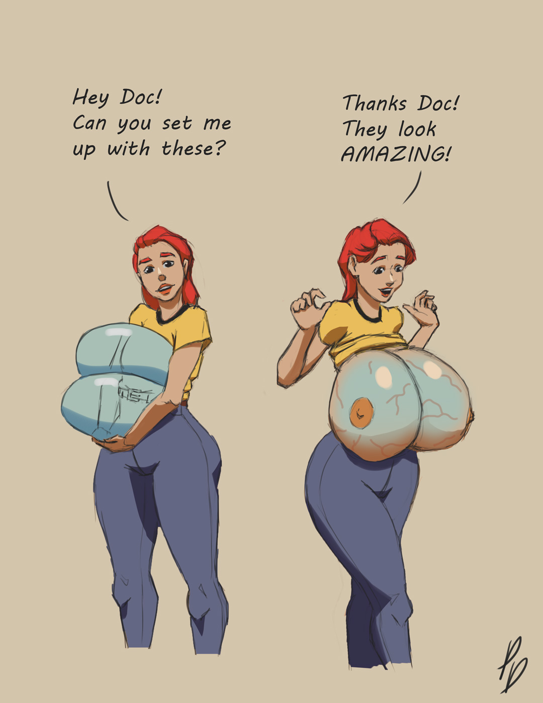 1girls, big breasts, breast expansion, breast growth, breast growth (enlargement), breast implants, breasts, dialogue, female, implants, nipples, pax dimetri, red hair, sequence, text, veiny breasts