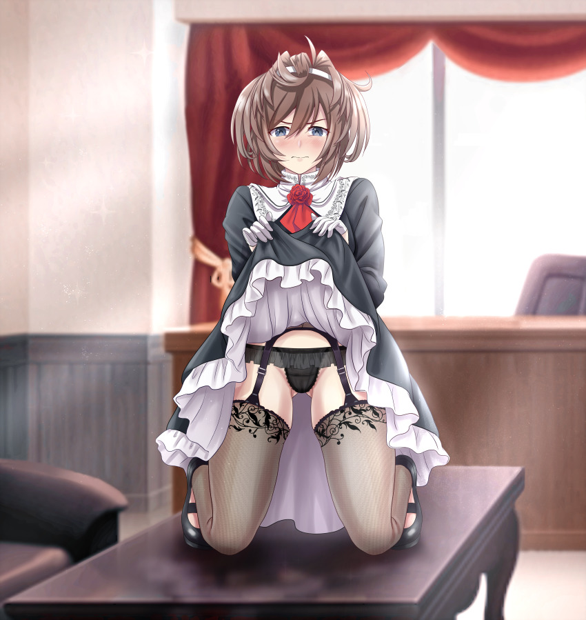 1girls ascot black_panties blue_eyes breasts brown_hair chair desk dress_lift garter_belt garter_straps gloves hairband kantai_collection kneeling_on_table lifted_by_self loafers long_hair looking_at_viewer maid maid_uniform medium_breasts office office_chair office_desk panties sheffield_(kantai_collection) table thighhighs tk8d32 window