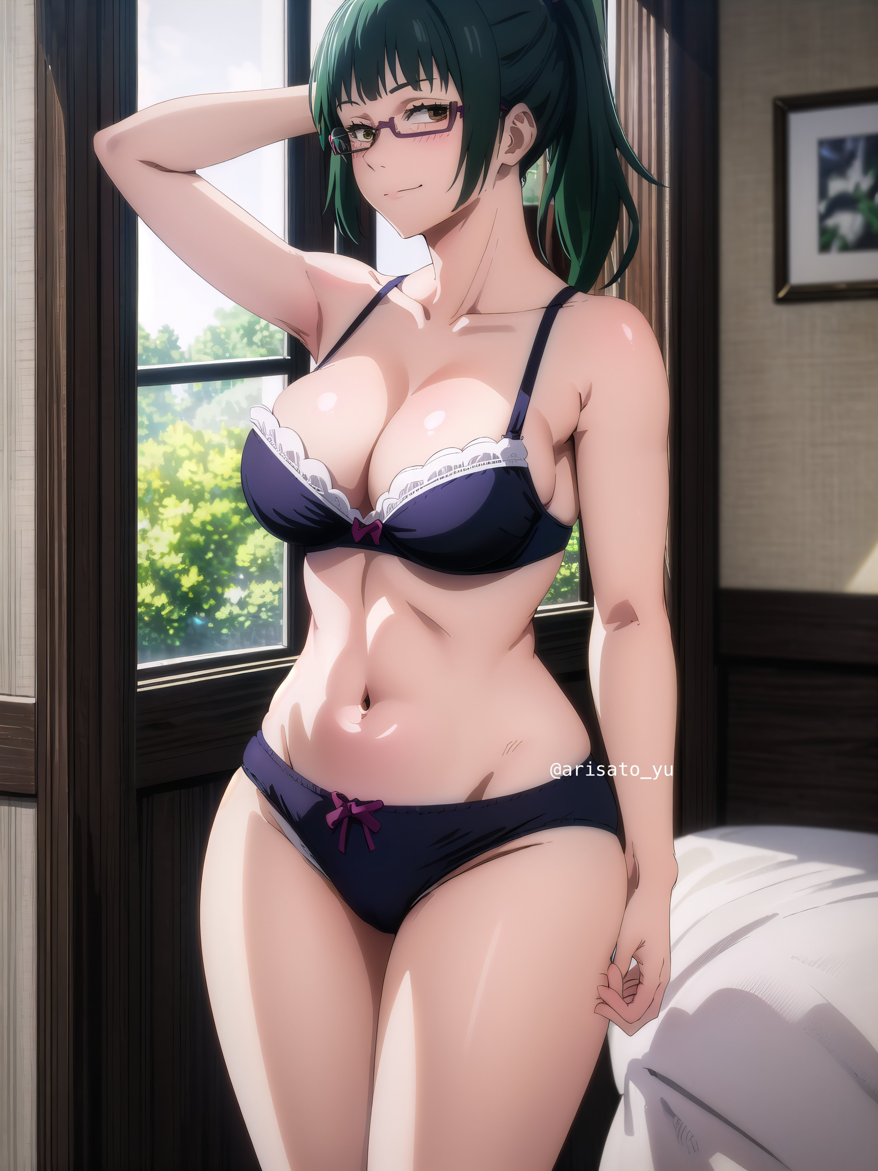 ai generated, arisato yu, big breasts, breasts, female, jujutsu kaisen, lingerie, thick thighs, zenin maki