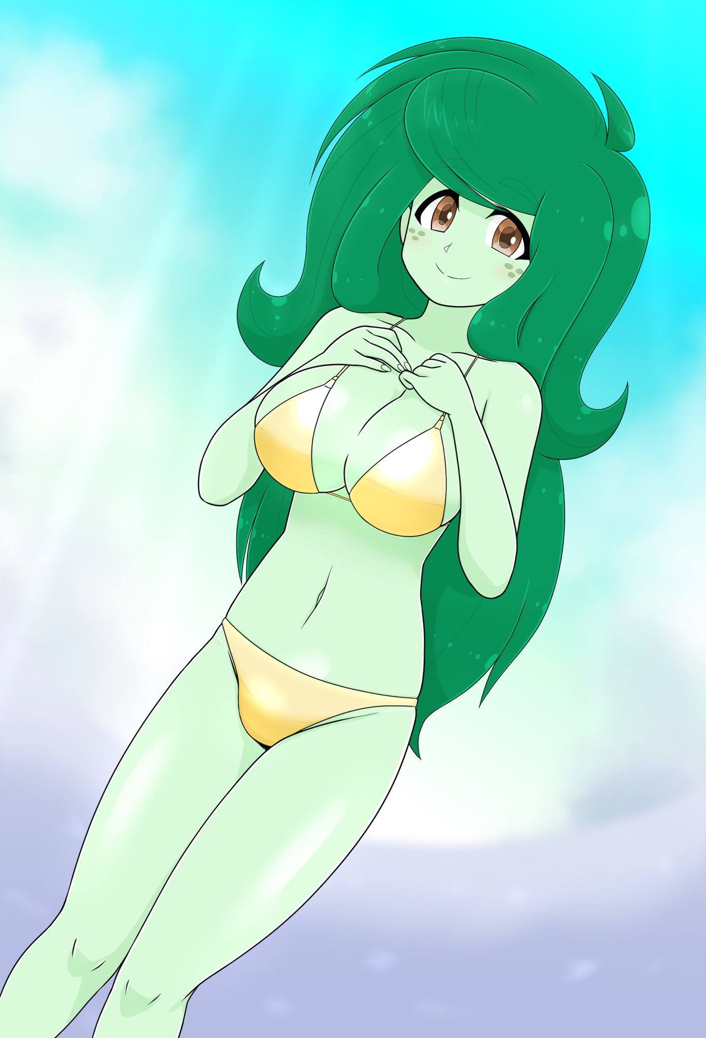 1girls batipin big_breasts bikini breasts cleavage equestria_girls female female_only freckles friendship_is_magic gold_bikini golden_bikini green_hair hasbro looking_at_viewer my_little_pony navel smiling solo solo_female swimsuit wallflower_blush_(eg) yellow_bikini