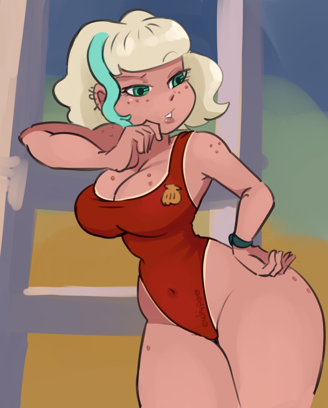 1girls aqua_eyes blonde_hair cosplay ecchipoo jackie_lynn_thomas lifeguard lifeguard_(lilo_and_stitch)_(cosplay) lifeguard_swimsuit lilo_and_stitch star_vs_the_forces_of_evil swimsuit tan_body tan_skin tanline