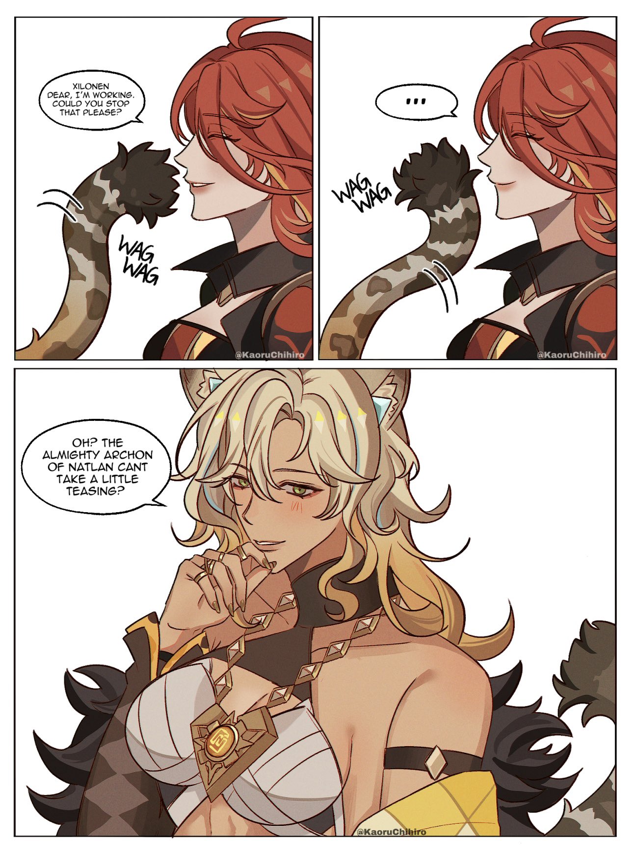 2girls, animal ears, bare shoulders, blonde hair, cat ears, cat girl, cat humanoid, cat tail, catgirl, cleavage, dominant female, female, genshin impact, green eyes, hoyoverse, jewelry, kaoru chihiro, long hair, looking at viewer, mavuika (genshin impact), mihoyo, mihoyo technology (shanghai) co. ltd., multiple girls, red hair, tail, tail grab, xilonen (genshin impact), yuri