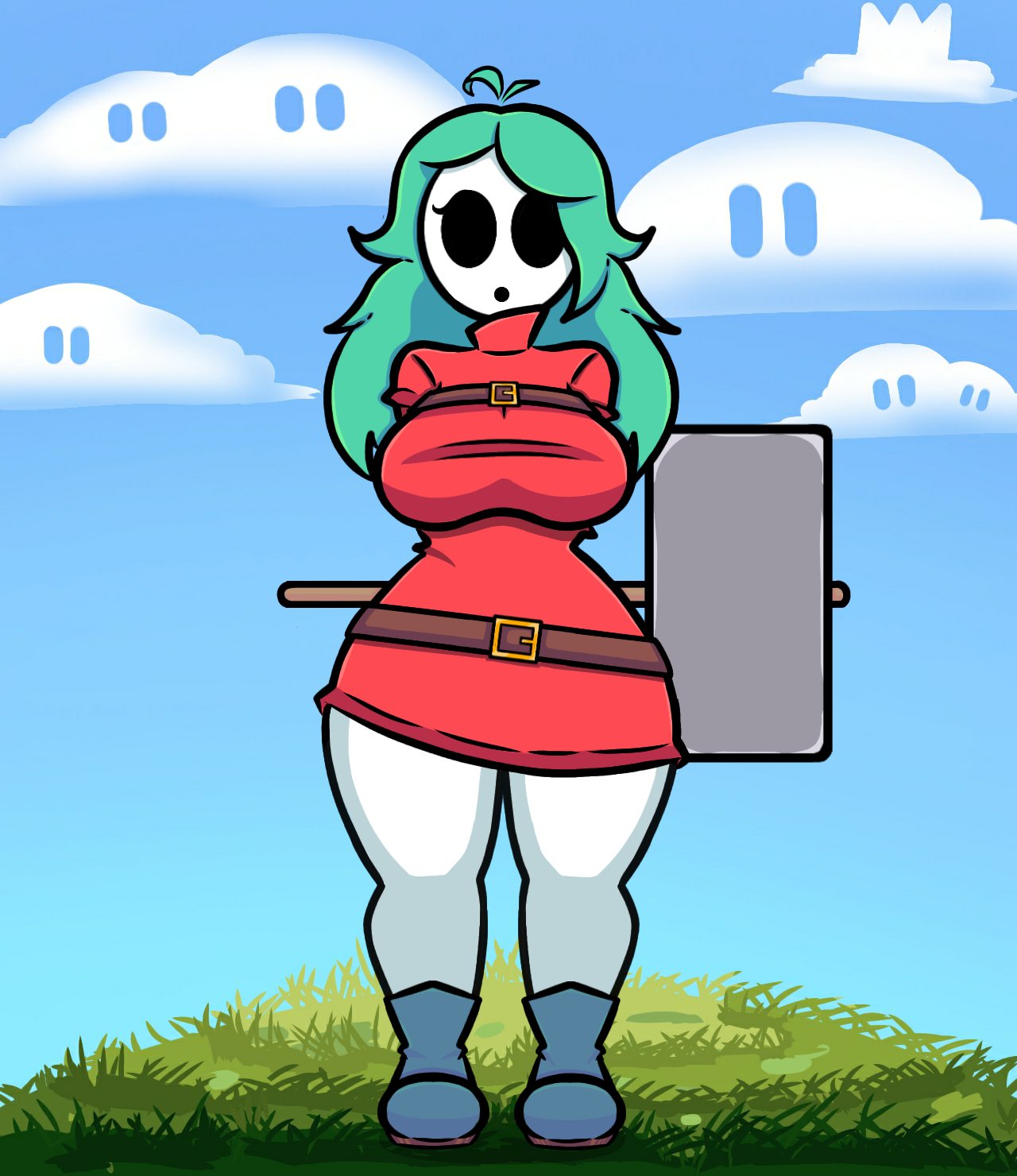 1girls alternate_version_available female female_only fully_clothed green_hair hammer mario_(series) nintendo plantita_feliz shy_gal shy_gal_red solo thick_thighs wide_hips