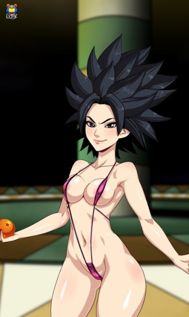 1girls, areolae, big breasts, bikini, black eyes, black hair, breasts, caulifla, dragon ball, dragon ball super, female, female only, kyoffie, light skin, light-skinned female, long hair, saiyan, sling bikini, solo, spiky hair, swimsuit