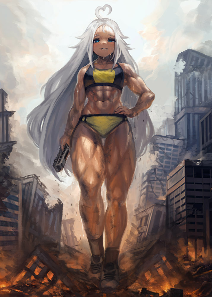 1girls abs ahoge blue_eyes character_request city_destruction destruction giantess hand_on_hip heart_ahoge holding_vehicle long_hair muscular muscular_female sweat sweaty thighs vehicle walking white_hair yilx