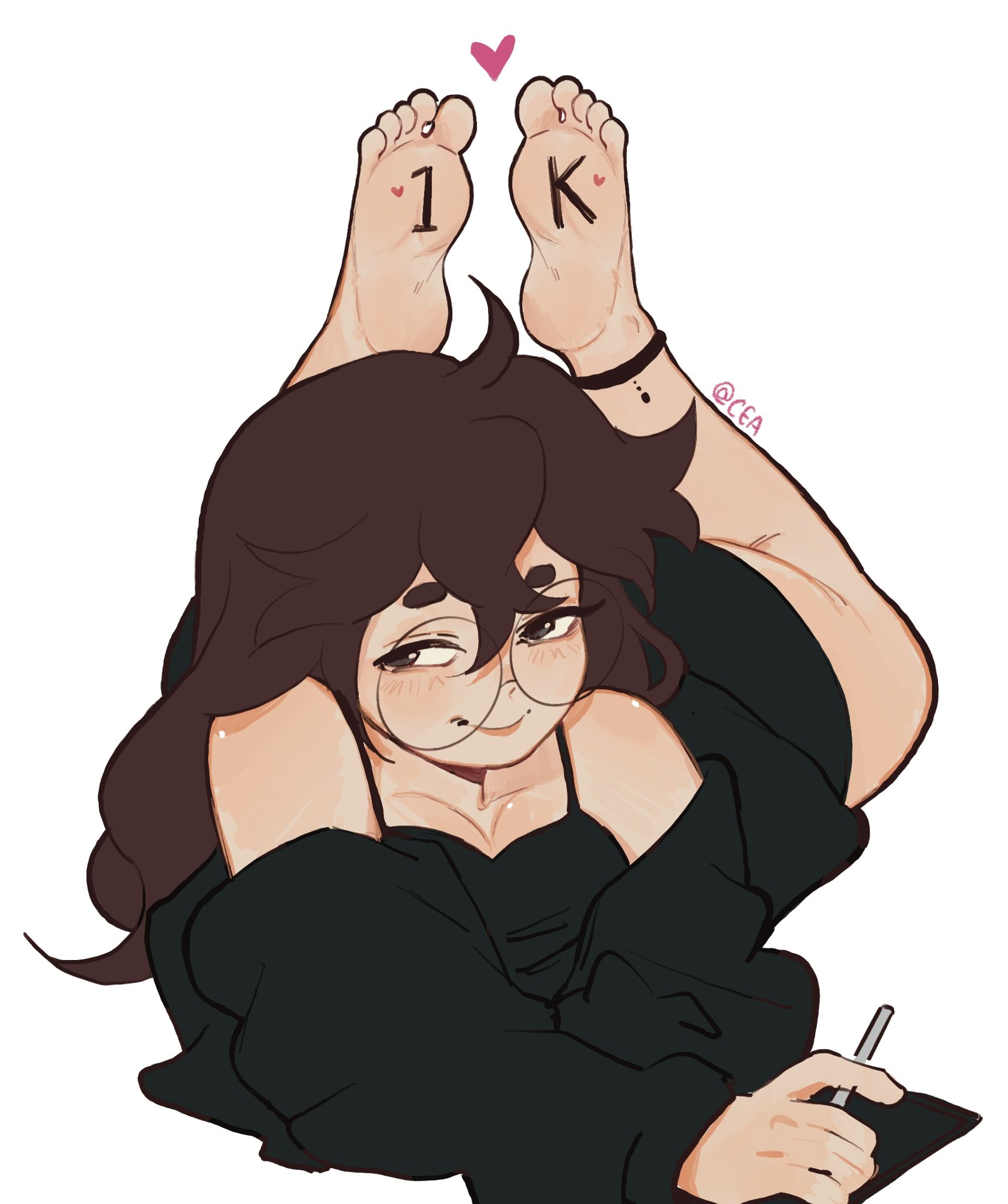blush, brown hair, closed eyes, clothing, cyadraws, feet, feet focus, female, female focus, female only, foot fetish, glasses, long hair, looking at viewer, original, original character