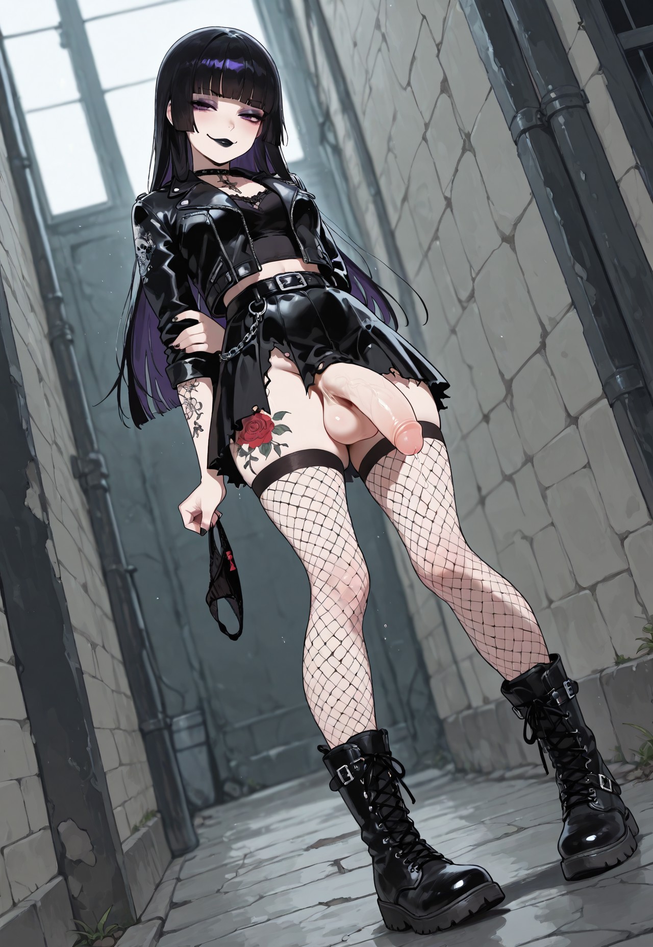 1futa, ai generated, balls, big penis, black hair, breasts, dickgirl, female, fishnet legwear, fishnets, from below, futa only, futanari, goth, goth futa, goth girl (jamesbron), half-erect, hime cut, holding panties, intersex, jamesbron, large penis, leather clothing, legwear, long hair, looking at viewer, medium breasted futa, medium breasts, penis, purple eyes, realistic breast size, ribbon panties, skirt, small breasted futa, small breasts, smug, solo, solo futa, standing, stockings, tattoo, tattoos, thighhighs, thighs, torn clothes