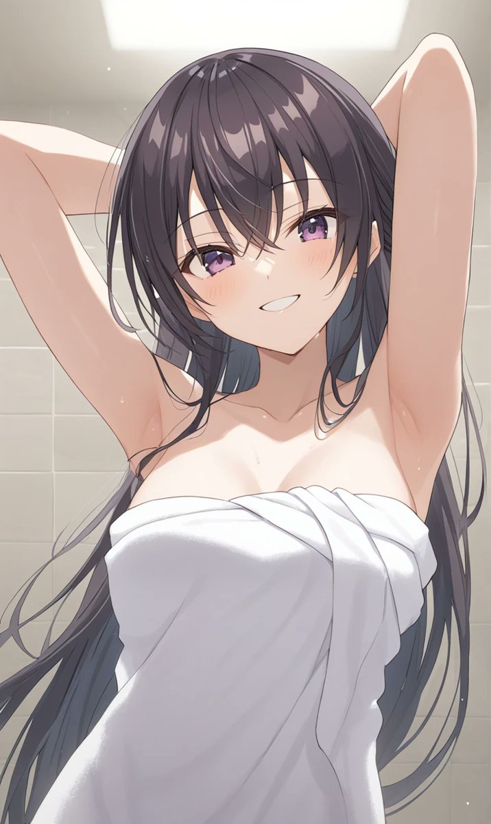 after_bath ai_generated armpits arms_up bathroom breasts brown_hair looking_at_viewer purple_eyes sister smile suou_yuki tokidoki_bosotto_russian_de_dereru_tonari_no_alya-san towel_only wet wet_body wet_skin