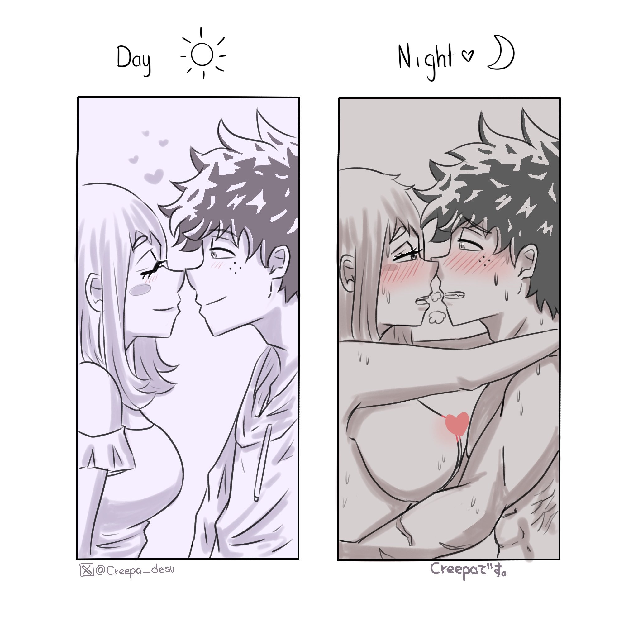1boy, 1girls, blush, blush lines, boku no hero academia, canon couple, clothed, completely nude, creepa desu, eye contact, female, half-dressed, hearts, hearts around head, izuku midoriya, male, messy hair, my hero academia, naked, nude, ochako uraraka, panting, romantic, scar, straight, sweat, sweating