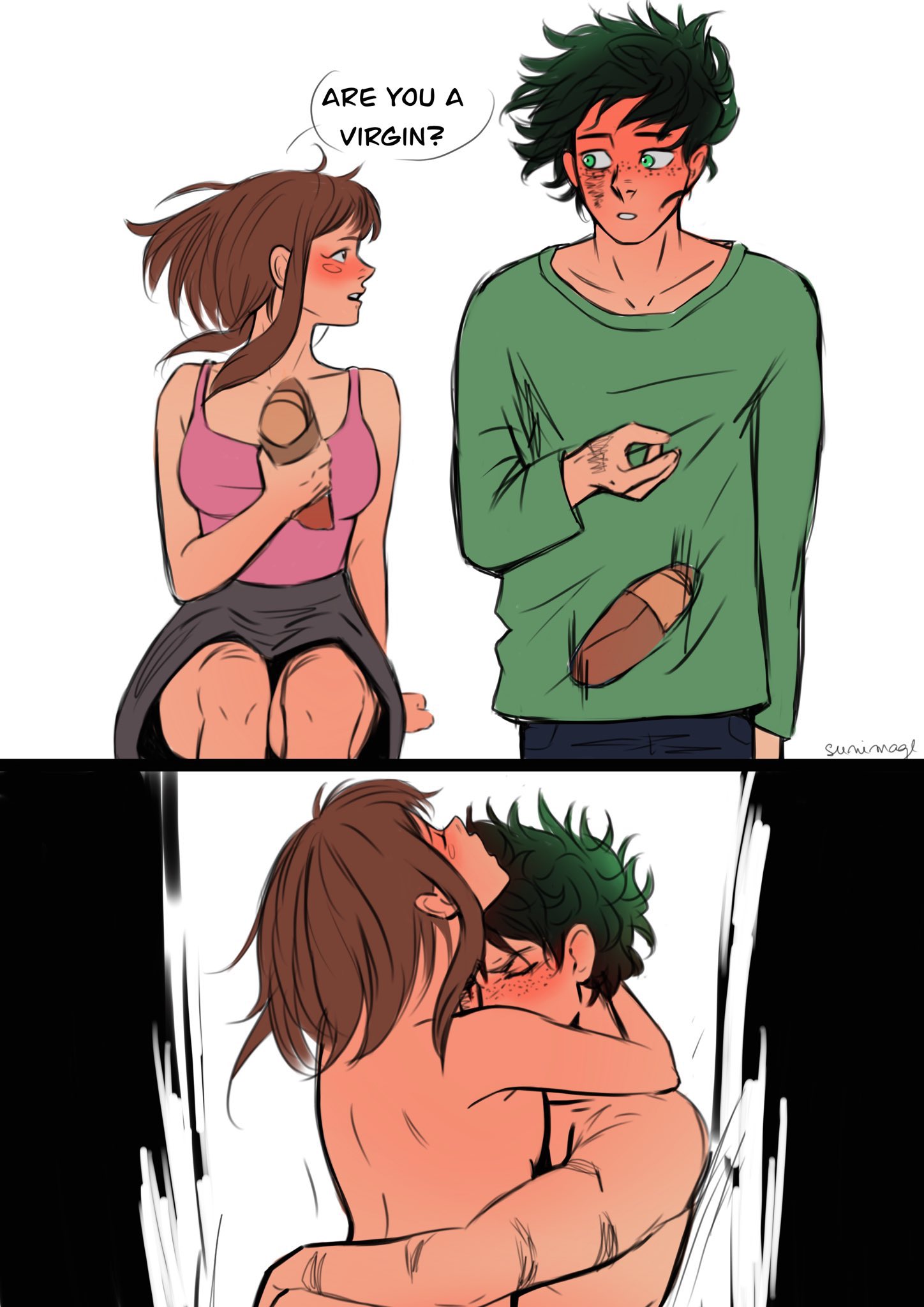 1boy, 1girls, are you a virgin? (meme), before and during, blush, blushing, brown eyes, brown hair, brown-haired female, canon couple, completely nude, female, food, green eyes, green hair, green shirt, green-haired male, izuku midoriya, male, medium hair, messy hair, my hero academia, nude, ochako uraraka, penetration, short hair, sunimage