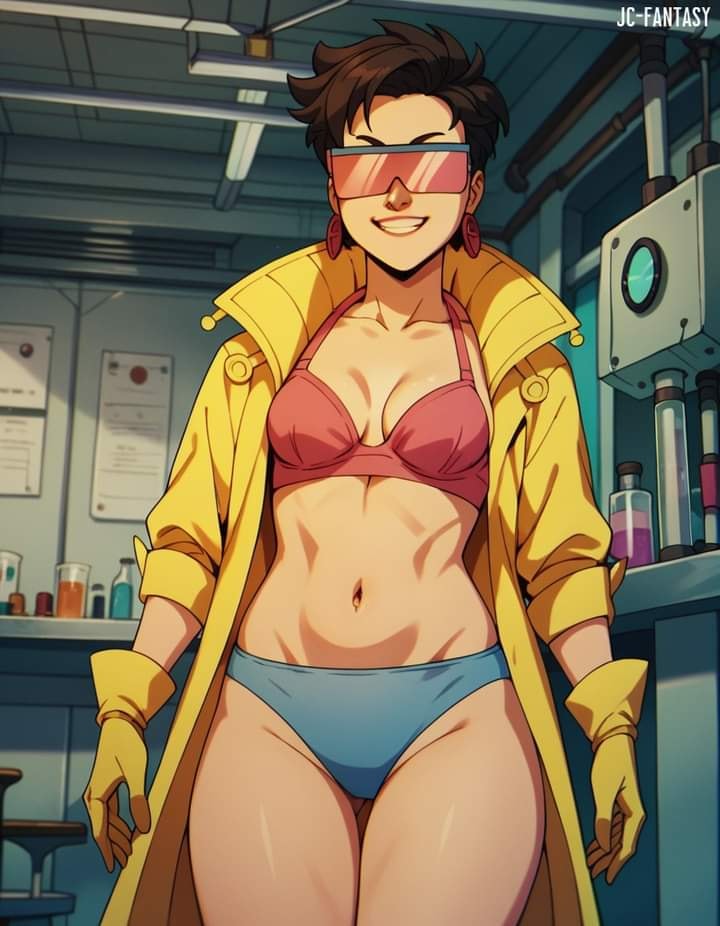 ai_generated bra breasts brown_hair clavicle cleavage clothing coat earrings eyewear female gloves grin indoors jacket jc-fantasy jewelry jubilee looking_at_viewer marvel marvel_comics medium_breasts navel open_clothes pantsu pink_bra pink_panties short_hair smile solo standing stomach sunglasses teeth thigh_gap thighs tinted_eyewear underwear x-men x-men_97 yellow_gloves