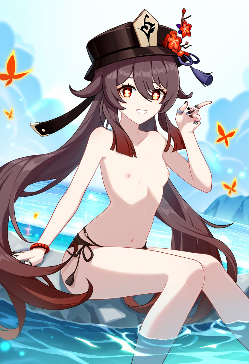 1girls ai_generated artconnoisseur bikini_bottom breasts brown_hair cute female female_only genshin_impact happy hu_tao_(genshin_impact) long_hair looking_at_viewer nipples novelai nude petite sitting small_breasts solo solo_female topless water