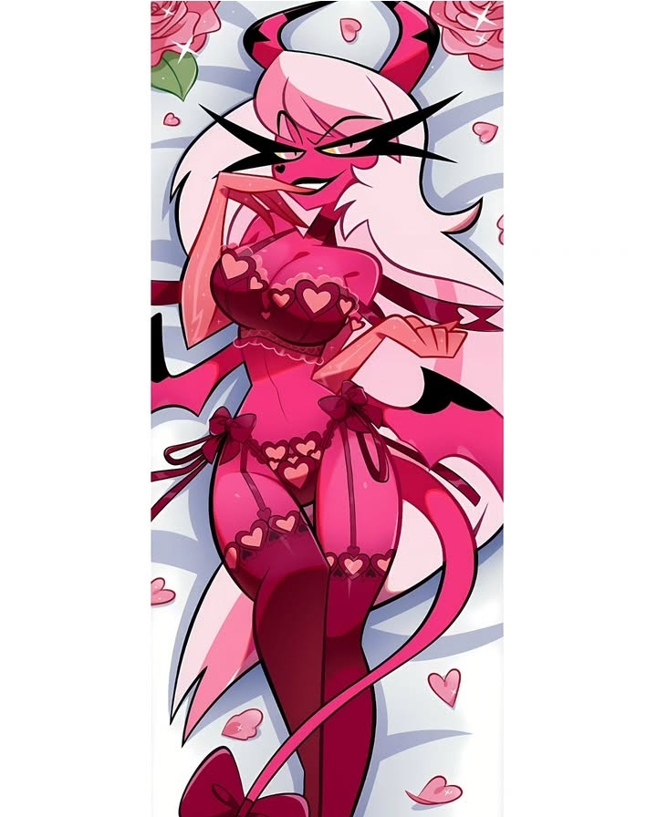 1girls, 2025, 2d, artist request, big breasts, black lips, black lipstick, breasts, cleavage, curvy, curvy female, dakimakura, demon, demon girl, demon horns, eyelashes, fanart, female, finger in mouth, flower, garter straps, gloves, heart print, hellaverse, helluva boss, instagram link, lingerie, long hair, looking at viewer, naughty face, no ai, petals, pink body, pink eyes, roses, seductive eyes, seductive look, seductive smile, solo, solo female, succubus, succubus horns, succubus tail, succubus wings, twitter link, valentine's day, verosika mayday (helluva boss), very long hair, white hair, wings, yellow sclera