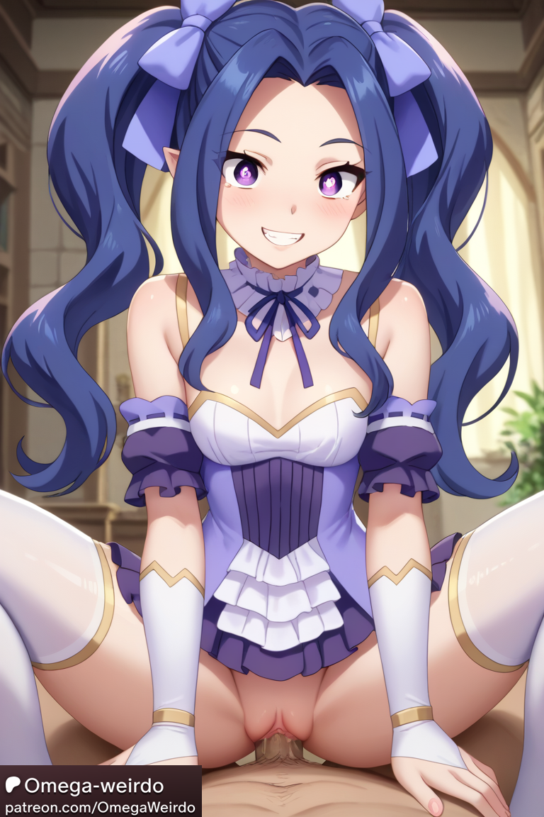 1girl1boy ai_generated blue_hair dress female melty_q_melromarc omega-weirdo patreon princess purple_hair ribbon sleeves small_breasts smile straddling tate_no_yuusha_no_nariagari twintails