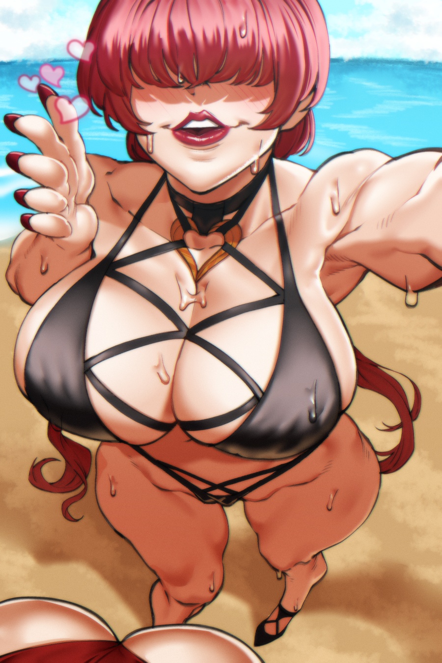 2girls, arched back, ass, bbw, beach, bent over, big breasts, bikini, bimbo, black bikini, black bikini bottom, black bikini top, black swimsuit, blowing kiss, breasts, busty, cleavage, covered eyes, curvaceous, curves, curvy, curvy body, curvy female, curvy figure, curvy hips, fatal fury, fatal fury: city of the wolves, feet, female, female focus, female only, female/female, footwear, g-string, hair over eyes, heart symbol, hearts around head, hi res, high resolution, highres, hips, huge breasts, ka doe, king of fighters, kof, large breasts, lesbian, lesbians, lips, lipstick, long fingernails, looking at viewer, love hearts, mai shiranui, makeup, nail polish, ocean, painted nails, pale skin, parted lips, pink hair, pink lips, pink lipstick, red hair, red lipstick, red nail polish, red nails, red panties, red swimsuit, shermie (kof), sideboob, skimpy, skimpy bikini, skimpy clothes, snk, standing, sweat, sweatdrop, sweating, sweaty, swimsuit, the king of fighters, thick thighs, thighs, thong, very high resolution, voluptuous, voluptuous female, wide hips, yuri