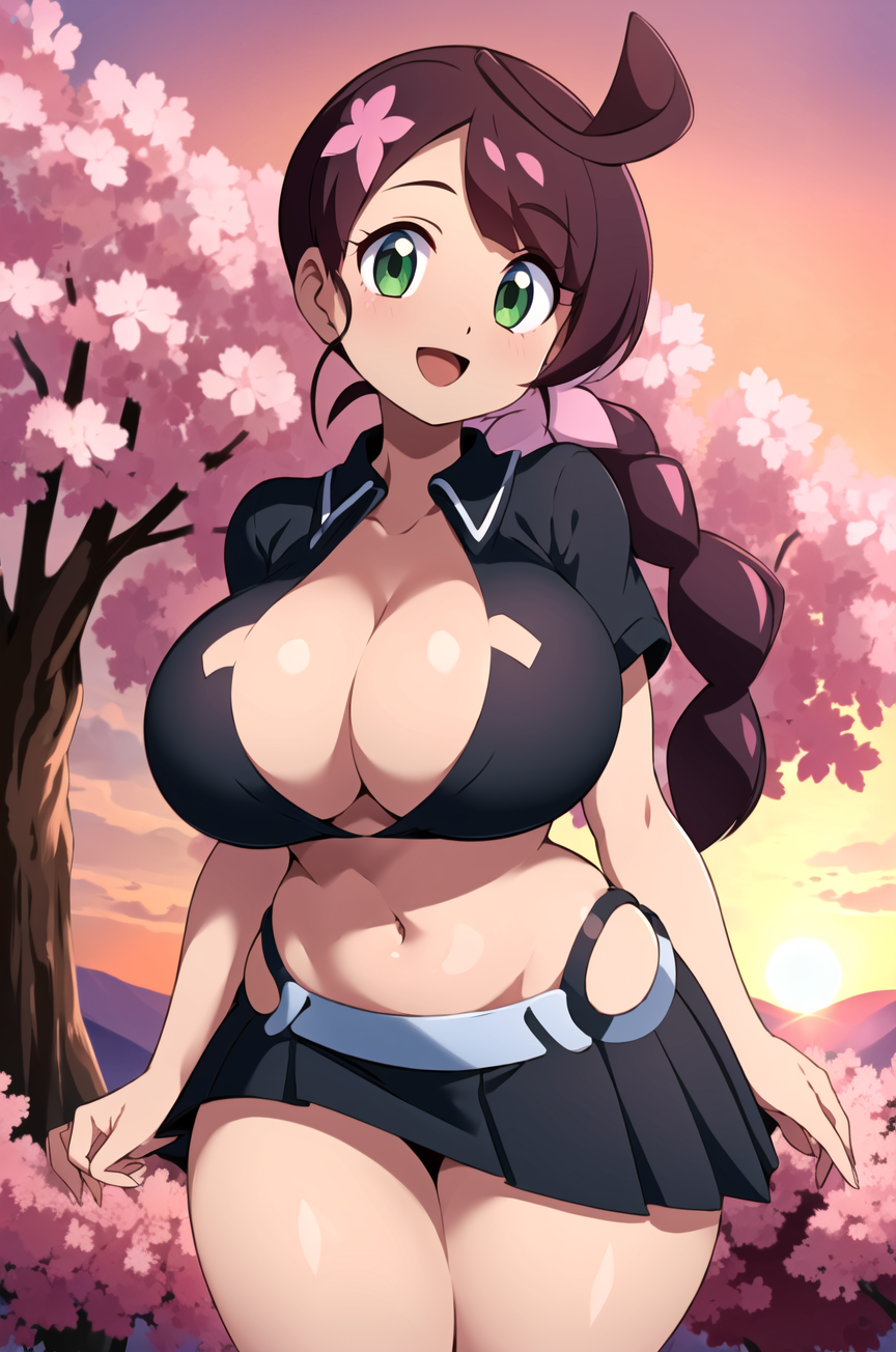 ai_generated braid braided_hair breasts chloe_(pokemon) cleavage female female_focus female_only game_freak green_eyes long_hair nintendo pokemon pokemon_journeys purple_hair single solo thick_thighs thighs