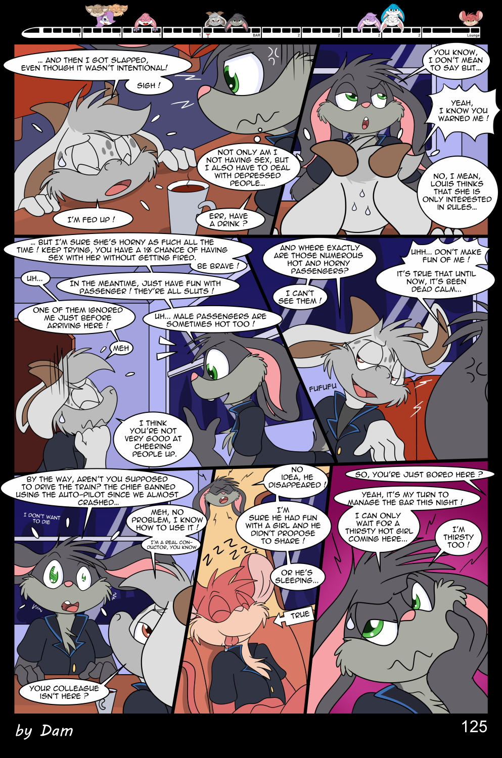 3_toes 4_fingers anthro breasts clothed clothing comic comic_page dam_(artist) dialogue english_text feet female fingers group hi_res lagomorph leporid male mammal mephitid page_125 page_number plantigrade rabbit speech_bubble text tiny_toon_adventures toes toony train vehicle warner_brothers