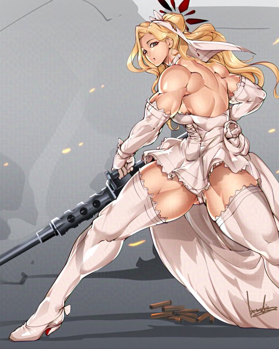 1girls 50_cal akemi_(blue_archive) back_muscles blonde_hair blue_archive bowalia dress grey_eyes gun halo high_heels holding_gun holding_weapon long_hair looking_at_viewer muscular muscular_female signature solo thick_thighs thighs weapon wedding_dress wedding_veil white_dress