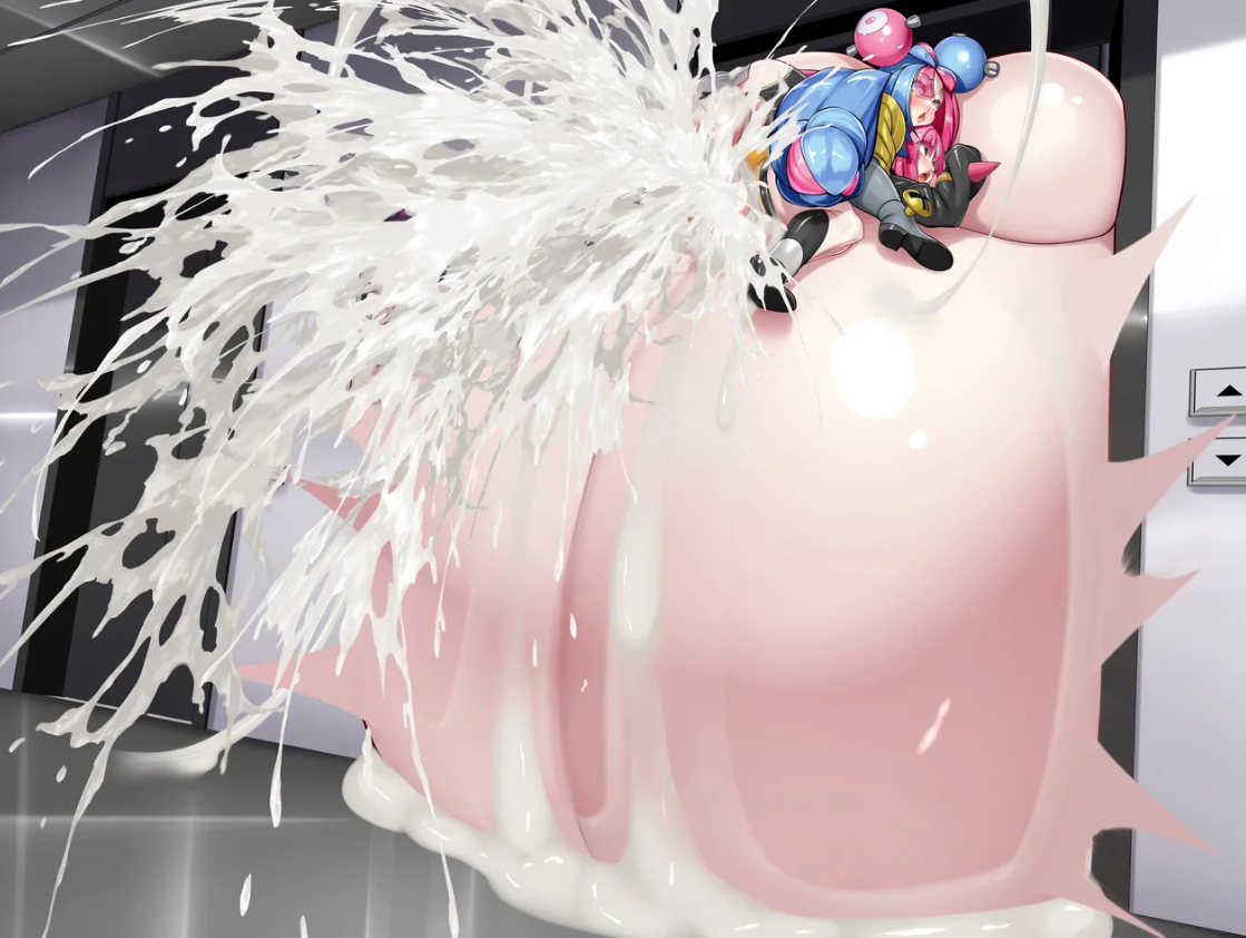 1futa, 1girls, big breasts, breasts, coral (pokemon), cum flood, cumflated belly, cumflation, excessive cum, female, futanari, game freak, hyper, hyper belly, hyper cumflation, intersex, iono (pokemon), kawahagitei, lactation, nintendo, pokemon, pokemon sv, tagme
