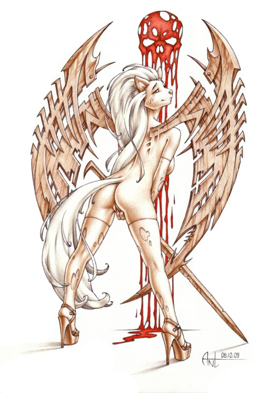 angel antaeus blood feline feline female fingering hair long_hair looking_back masturbation nude pussy skull solo standing sword weapon wings