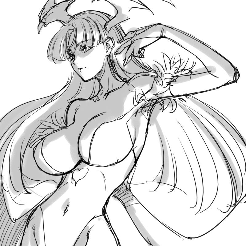 1girls big_breasts black_and_white breasts darkstalkers female female_only greyscale magaki_ryouta monochrome morrigan_aensland pose sketch succubus white_background