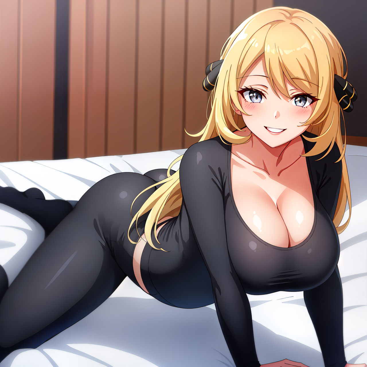 ai_generated bed bent_over big_ass big_breasts blonde_hair blush busty cleavage creatures_(company) curvy cynthia_(pokemon) facing_viewer female female female_only game_freak gray_eyes hair_ornaments hi_res highres kneeling leggings nintendo pokemon pokemon_(game) pokemon_dppt pokemon_trainer pose seraphim_ai skin_tight smile solo spandex stable_diffusion tights