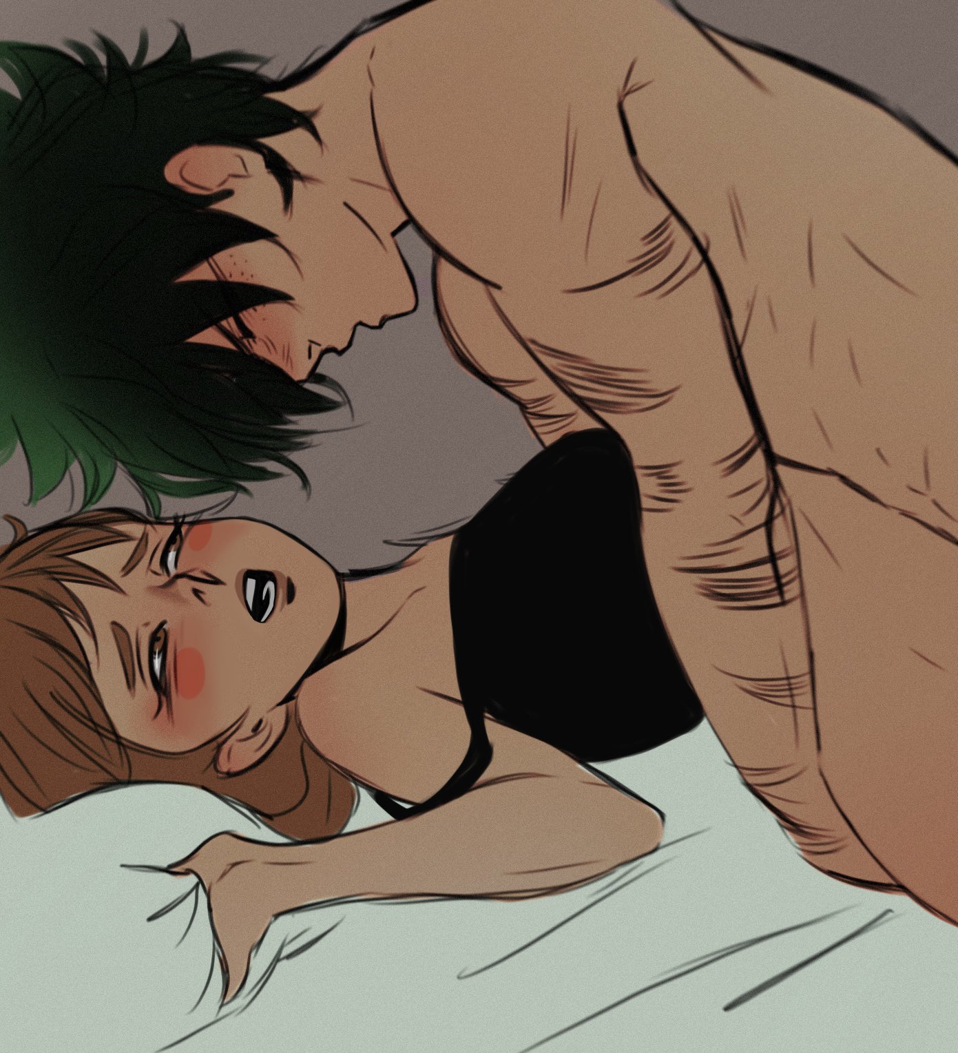1boy, 1boy1girl, 1girls, abs, ambiguous penetration, athletic, athletic male, black topwear, blush, blushing, bottomless, bottomless female, brown eyes, brown hair, brown-haired female, canon couple, couple (romantic), duo, eyes closed, female, fit, fit male, green eyes, green hair, green-haired male, izuku midoriya, male, male/female, midoriya izuku, mouth open, my hero academia, nude, nude male, ochako uraraka, scars, sex, sunimage, uraraka ochako